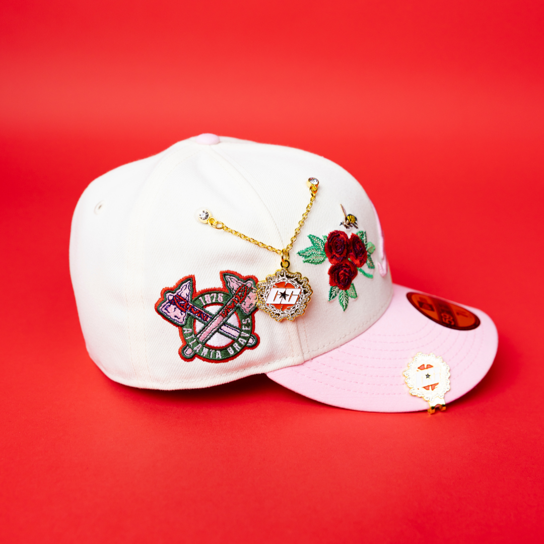 NEW ERA EXCLUSIVE 59FIFTY CHROME/ PINK ATLANTA BRAVES W/ RED ROSES + 1976 WORLD SERIES SIDE PATCH