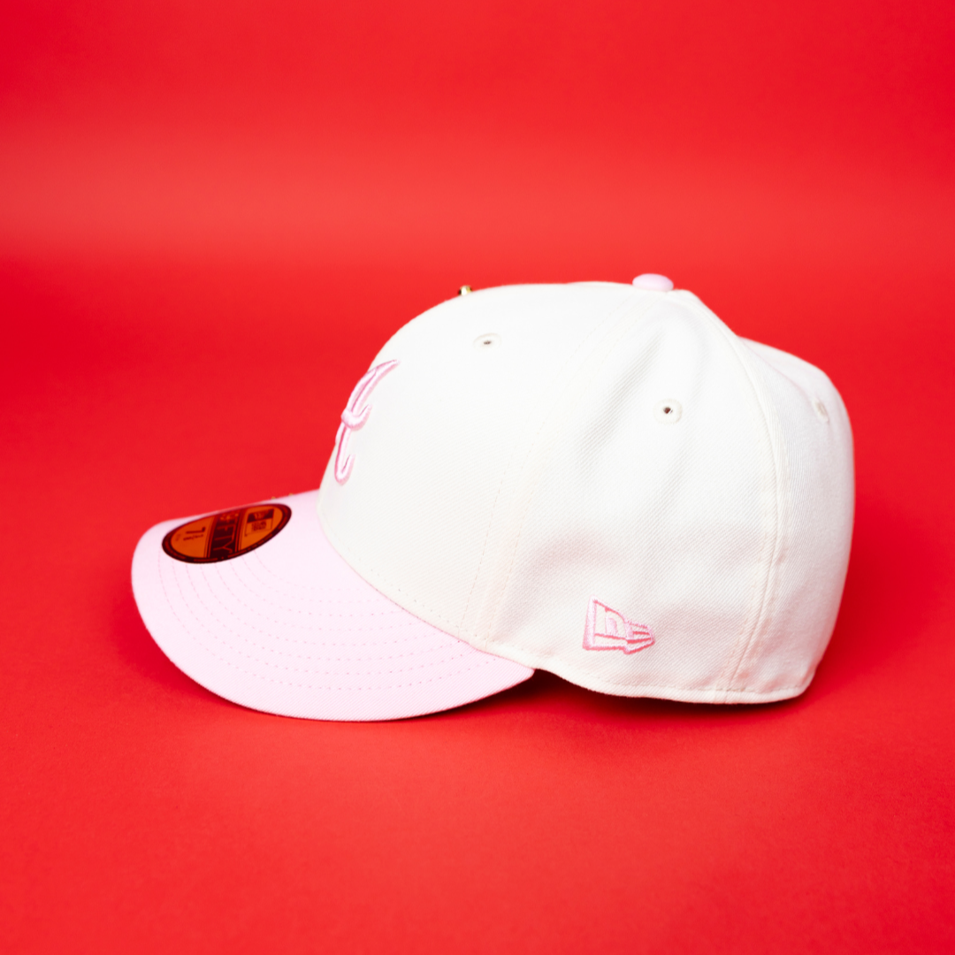 NEW ERA EXCLUSIVE 59FIFTY CHROME/ PINK ATLANTA BRAVES W/ RED ROSES + 1976 WORLD SERIES SIDE PATCH