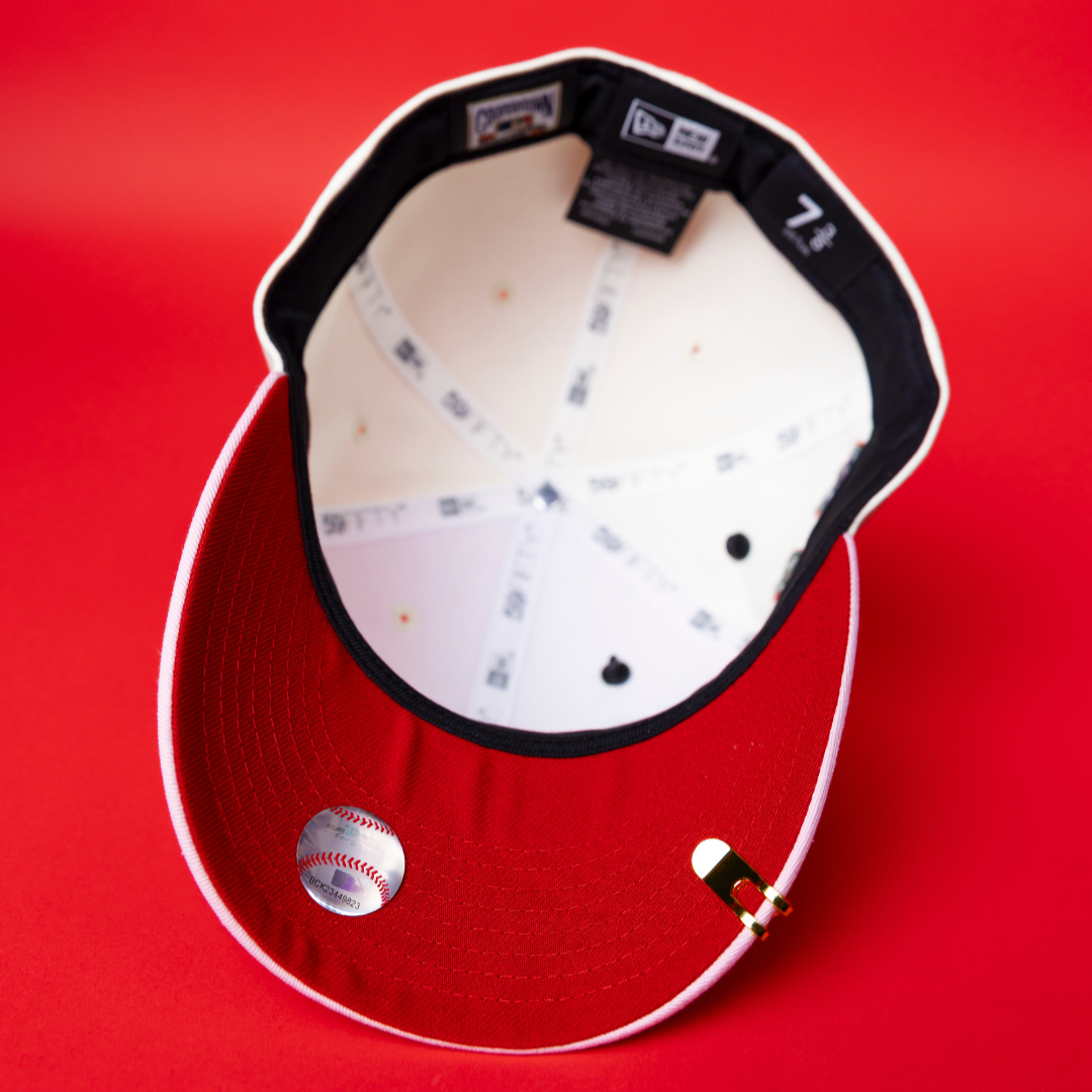 NEW ERA EXCLUSIVE 59FIFTY CHROME/ PINK ATLANTA BRAVES W/ RED ROSES + 1976 WORLD SERIES SIDE PATCH