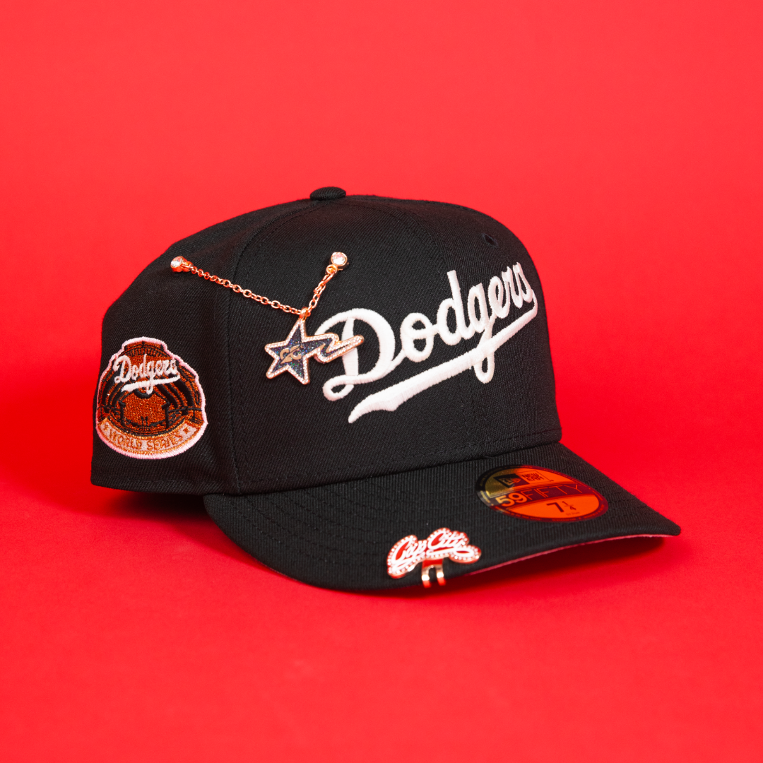 NEW ERA 59FIFTY BLACK LOS ANGELES DODGERS SCRIPT W/ WORLD SERIES SIDE PATCH