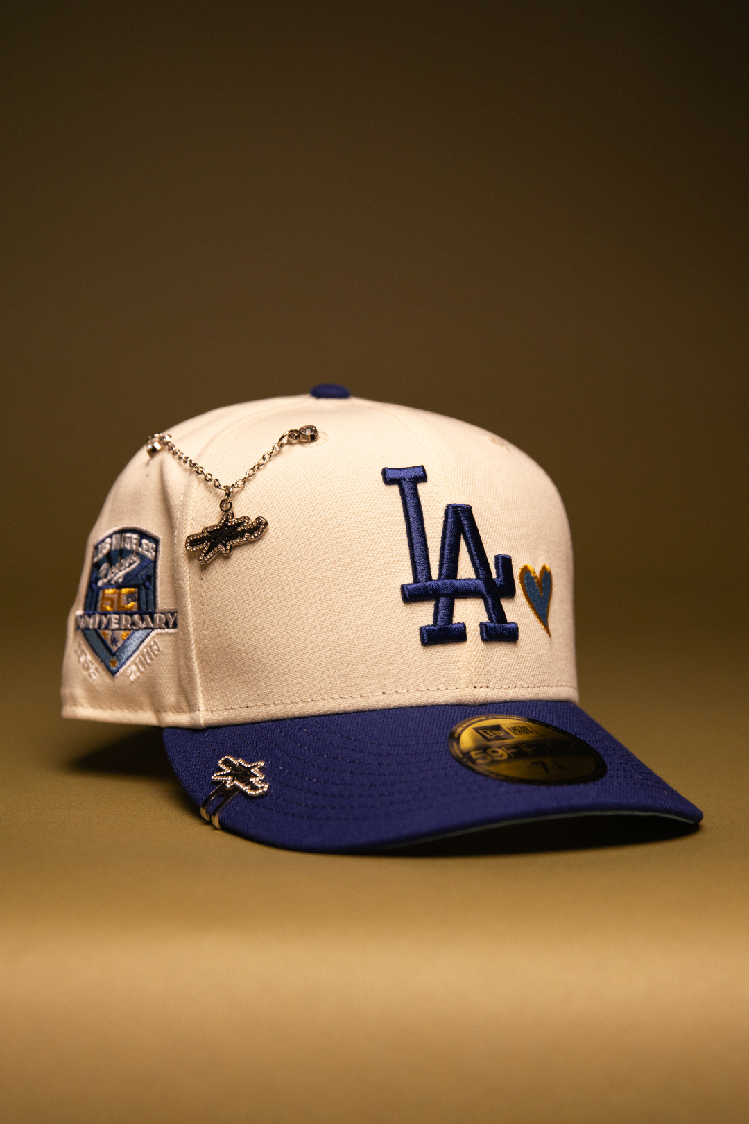 NEW ERA EXCLUSIVE 59FIFTY CHROME/BLUE LOS ANGELES DODGERS W/ HEART + 100TH ANNIVERSARY SIDE PATCH