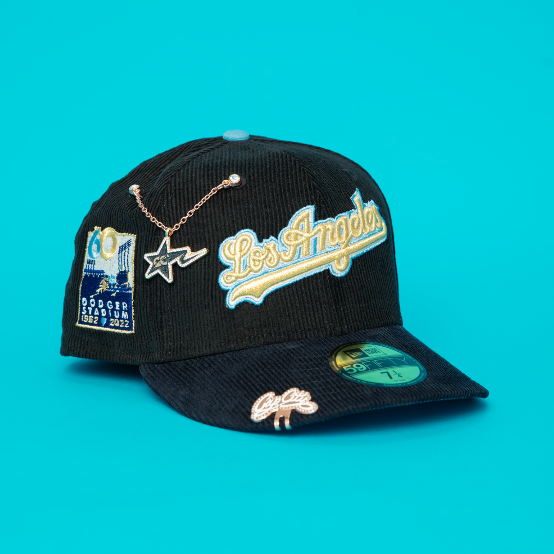NEW ERA EXCLUSIVE 59FIFTY BLACK/ NAVY CORDUROY LOS ANGELES DODGERS SCRIPT W/ DDOGER STADIUM SIDE PATCH