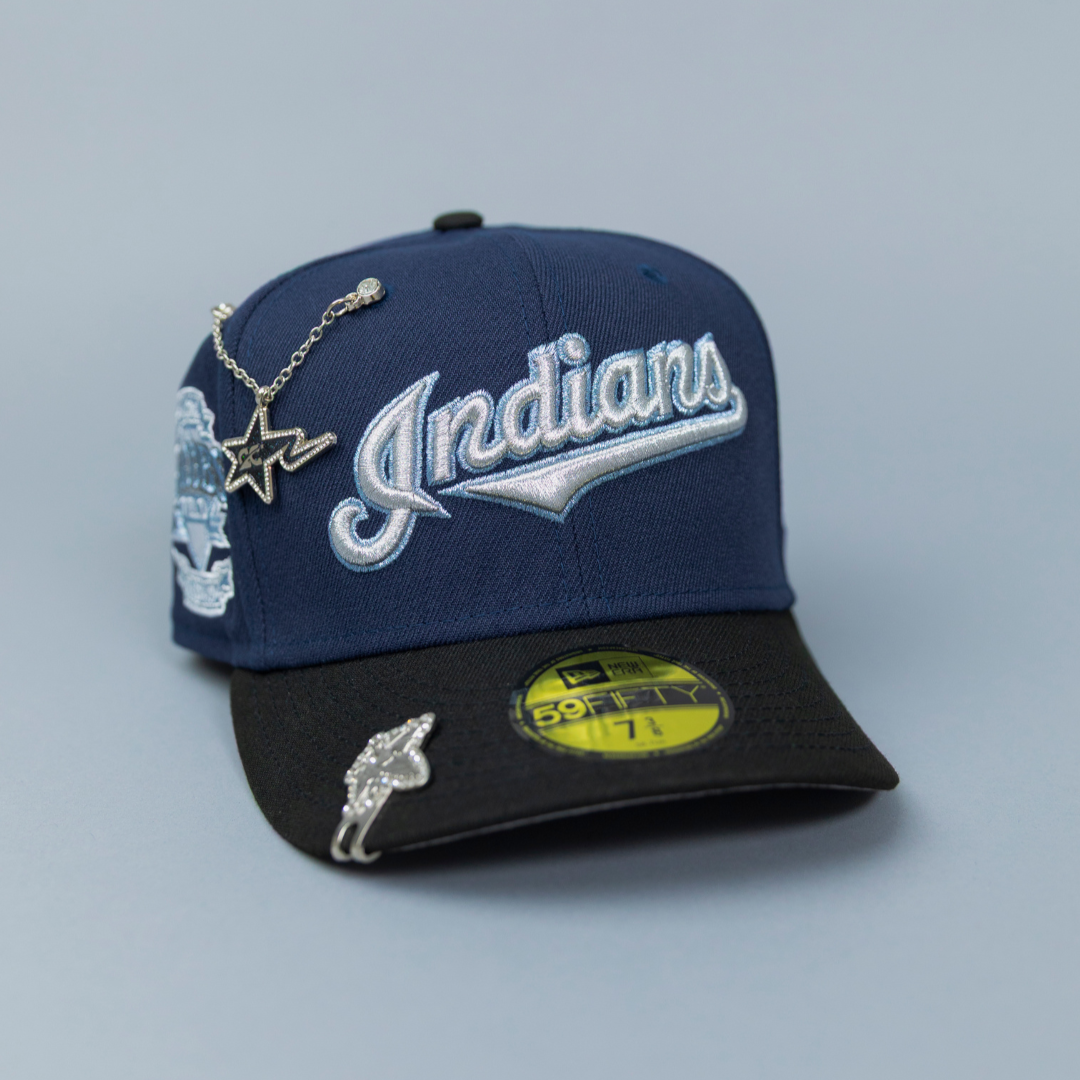 NEW ERA EXCLUSIVE 59FIFTY NAVY/ BLACK CLEVELAND INDIANS SCRIPT W/ "JACOBS FIELD" SIDE PATCH