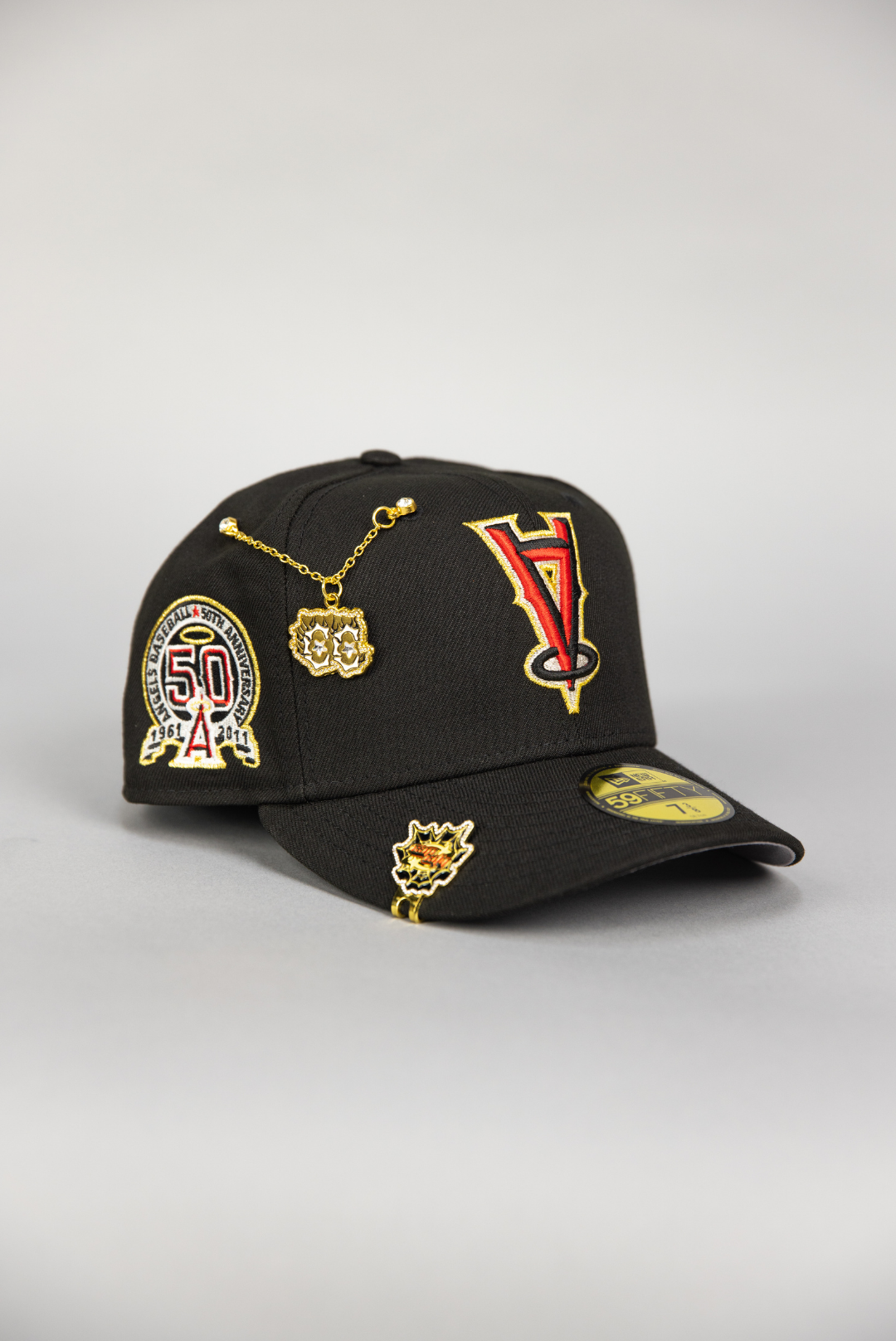 NEW ERA EXCLUSIVE 59FIFTY BLACK UPSIDE DOWN ANAHEIM ANGELS W/ 50TH ANNIVERSARY SIDE PATCH