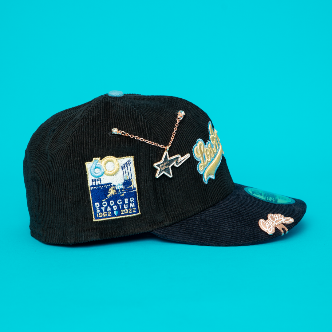 NEW ERA EXCLUSIVE 59FIFTY BLACK/ NAVY CORDUROY LOS ANGELES DODGERS SCRIPT W/ DDOGER STADIUM SIDE PATCH
