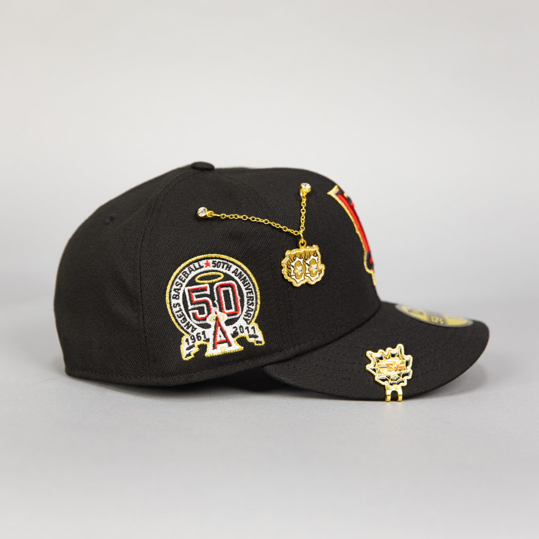 NEW ERA EXCLUSIVE 59FIFTY BLACK UPSIDE DOWN ANAHEIM ANGELS W/ 50TH ANNIVERSARY SIDE PATCH