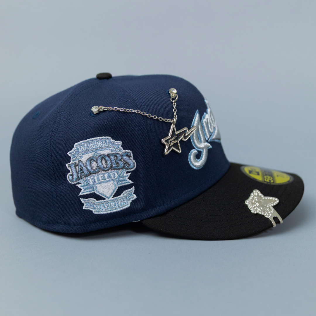 NEW ERA EXCLUSIVE 59FIFTY NAVY/ BLACK CLEVELAND INDIANS SCRIPT W/ "JACOBS FIELD" SIDE PATCH