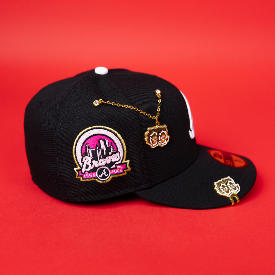 NEW ERA EXCLUSIVE 59FIFTY BLACK ATLANTA BRAVES W/ FLORAL EMBROIDERY + 40TH ANNIVERSARY SIDE PATCH