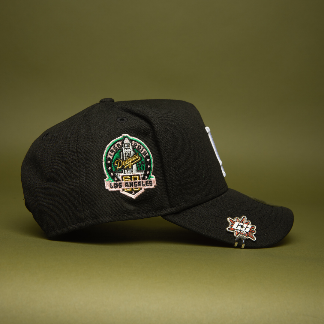 NEW ERA 9FIFTY A-FRAME BLACK LOS ANGELES DODGERS SNAPBACK W/ PALM TREES + 60TH ANNIVERSARY SIDE PATCH