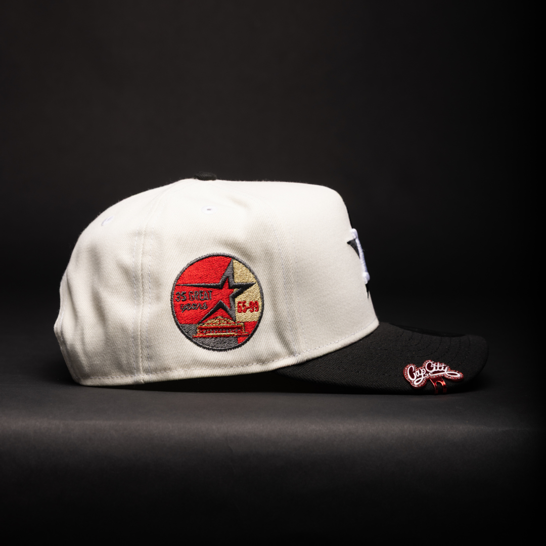 NEW ERA 9FIFTY A-FRAME CHROME/BLACK HOUSTON ASTROS SNAPBACK W/ RED ROSE + "35 GREAT YEARS" SIDE PATCH