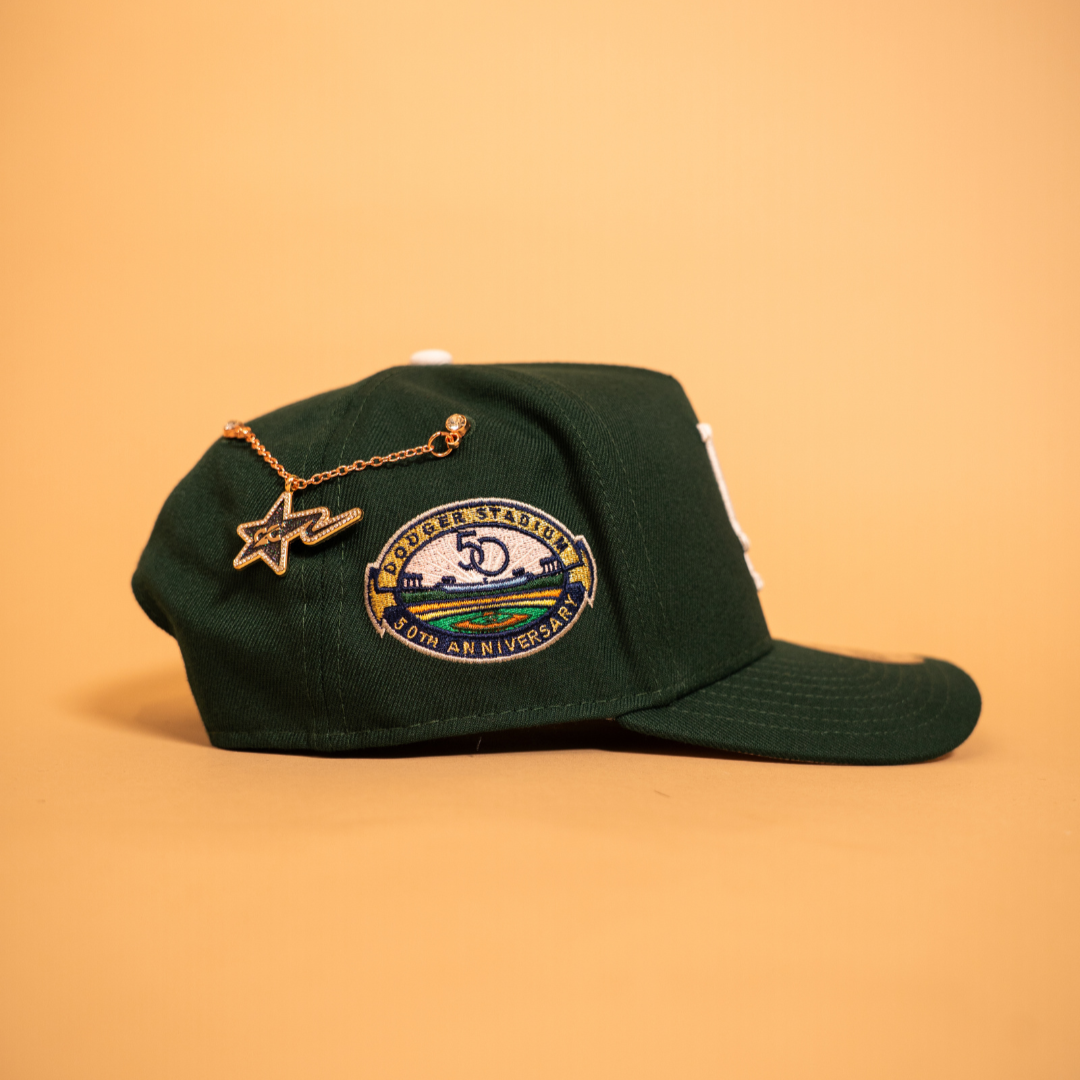NEW ERA EXCLUSIVE 9FIFTY A-FRAME FOREST GREEN LOS ANGELES DODGERS SNAPBACK W/ PINK HEART + 50TH ANNIVERSARY SIDE PATCH