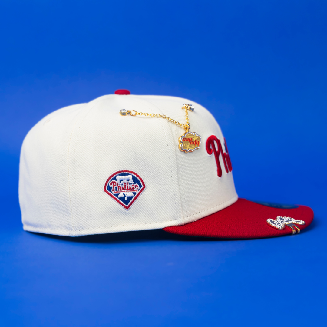 NEW ERA EXCLUSIVE 59FIFTY CHROME/ RED PHILADELPHIA PHILLIES SCRIPT W/ "PHILLIES" LOGO SIDE PATCH