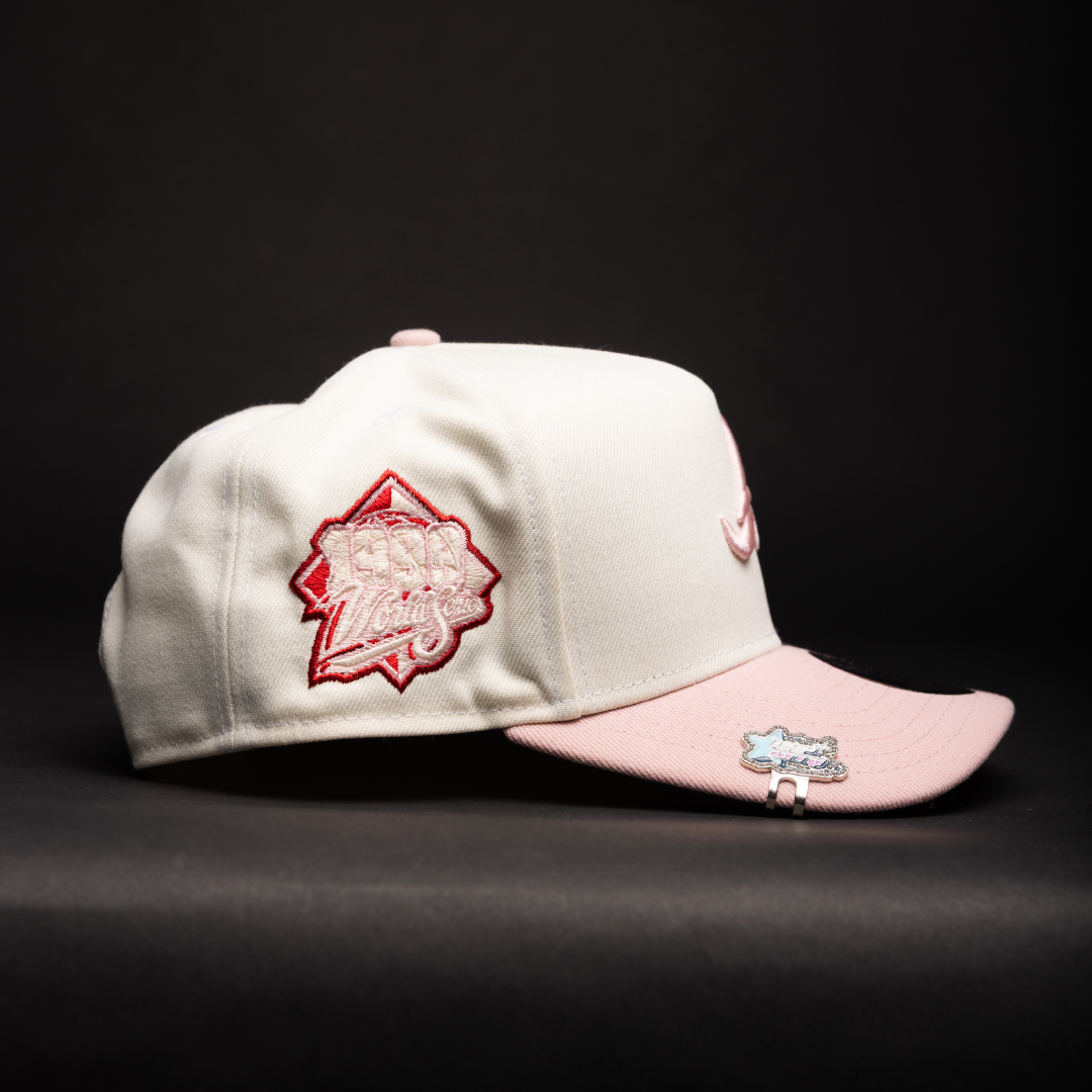 NEW ERA 9FIFTY A-FRAME CHROME/PINK ATLANTA BRAVES W/ ROSES + 1999 WORLD SERIES SIDE PATCH