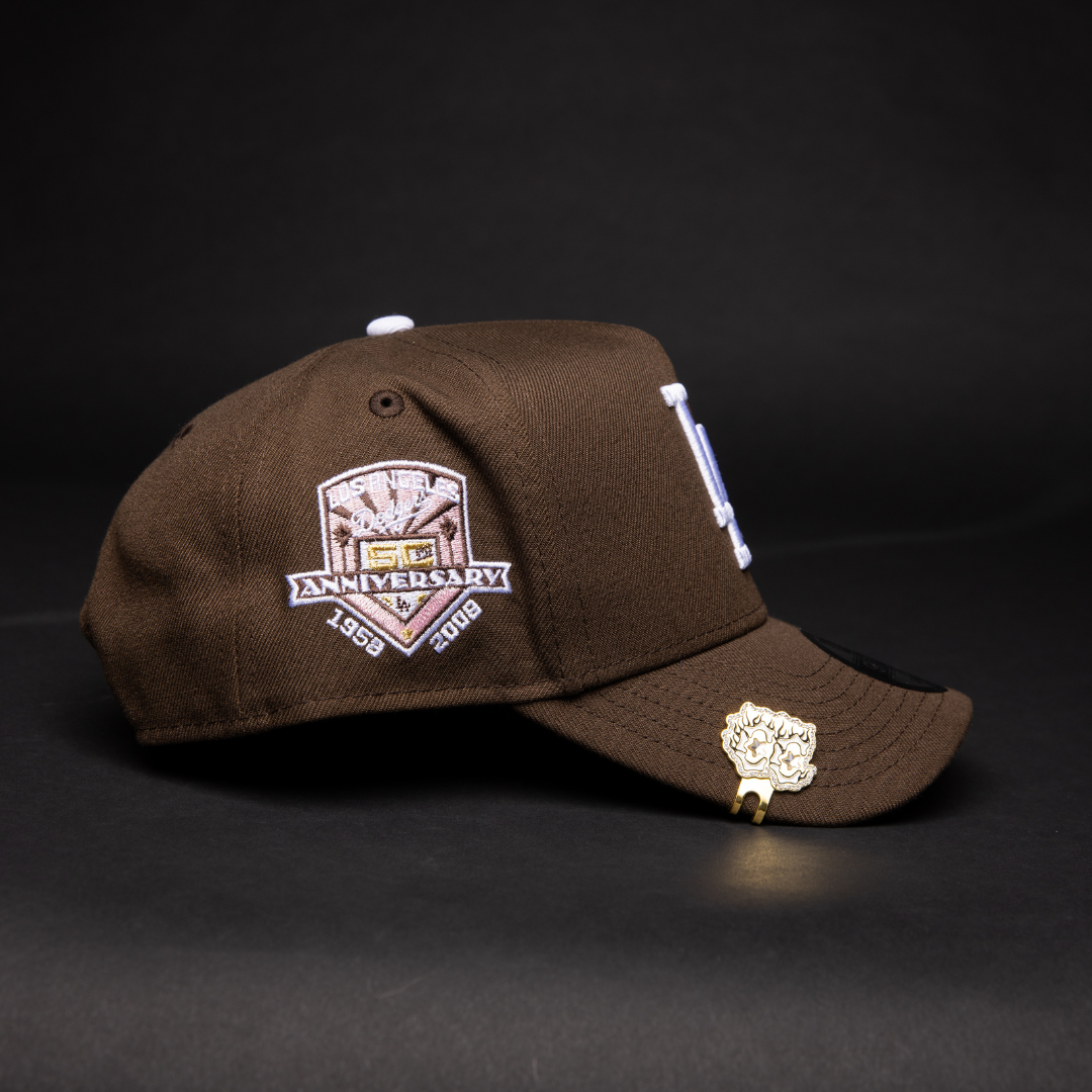 NEW ERA 9FIFTY A-FRAME BROWN LOS ANGELES DODGERS SNAPBACK W/ PINK HEART + 50TH ANNIVERSARY SIDE PATCH