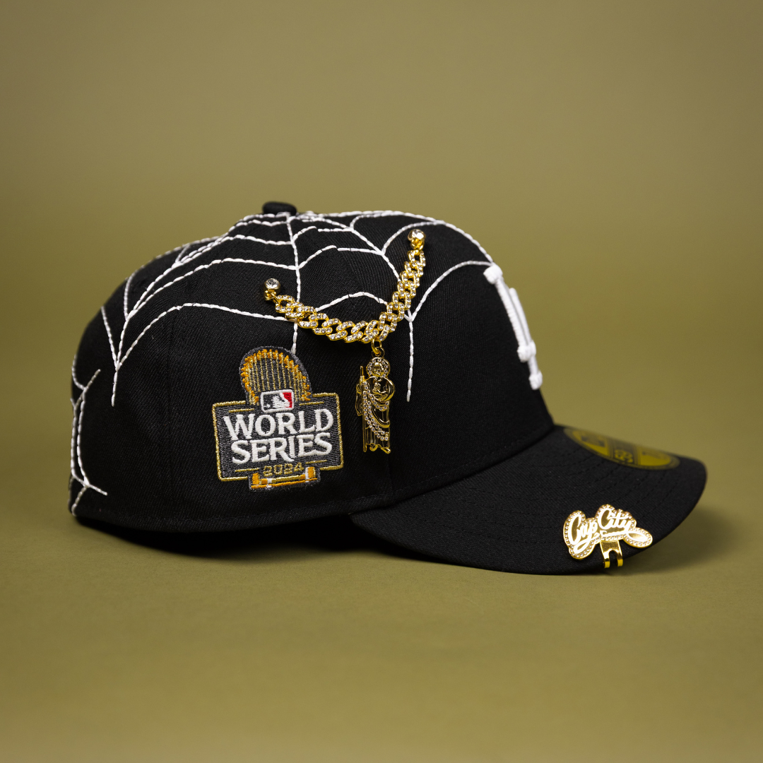 NEW ERA EXCLUSIVE 59FIFTY BLACK LOS ANGELES DODGERS W/ SPIDER WEB + 2024 WORLD SREIES SIDE PATCH