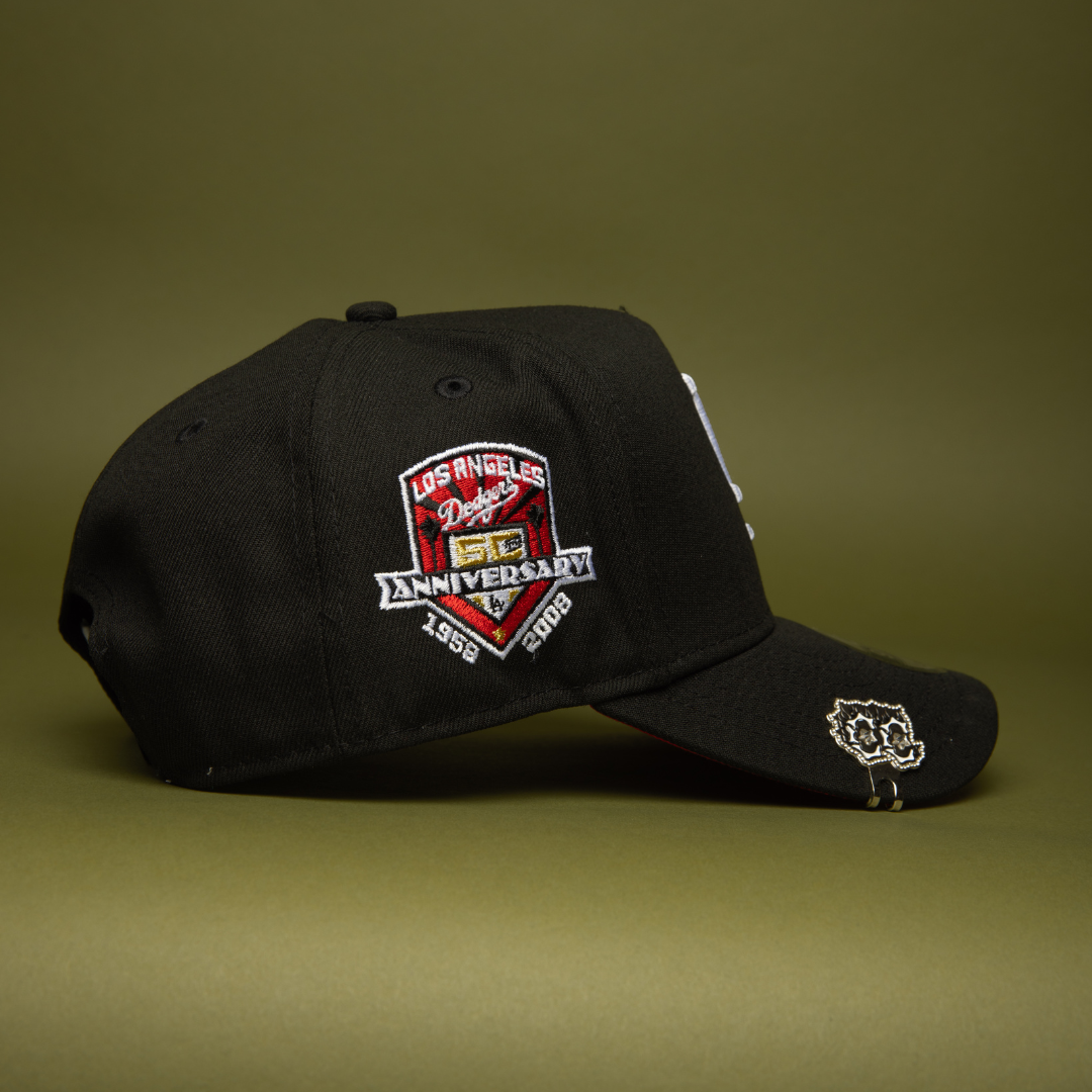NEW ERA 9FIFTY A-FRAME BLACK LOS ANGELES DODGERS SNAPBACK W/ RED HEART + 50TH ANNIVERSARY SIDE PATCH