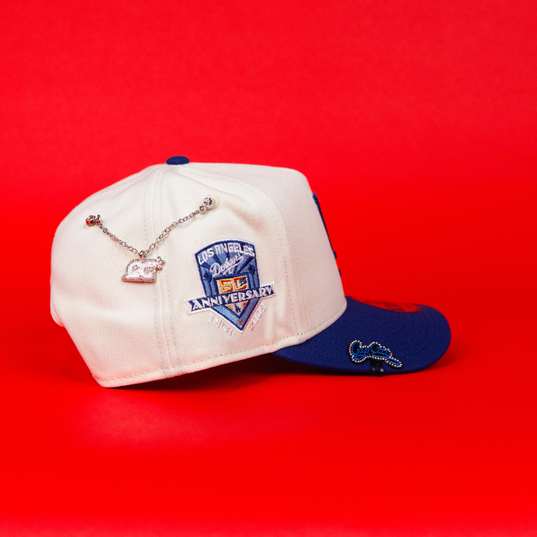 NEW ERA 9FIFTY A-FRAME CHROME/ BLUE LOS ANGELES DODGERS SNAPBACK W/ BLUE HEART + 50TH ANNIVERSARY SIDE PATCH