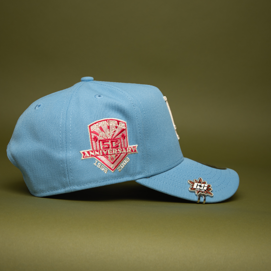NEW ERA 9FIFTY A-FRAME ICY BLUE LOS ANGELES DODGERS SNAPBACK W/ PINK ROSE + 50TH ANNIVERSARY SIDE PATCH