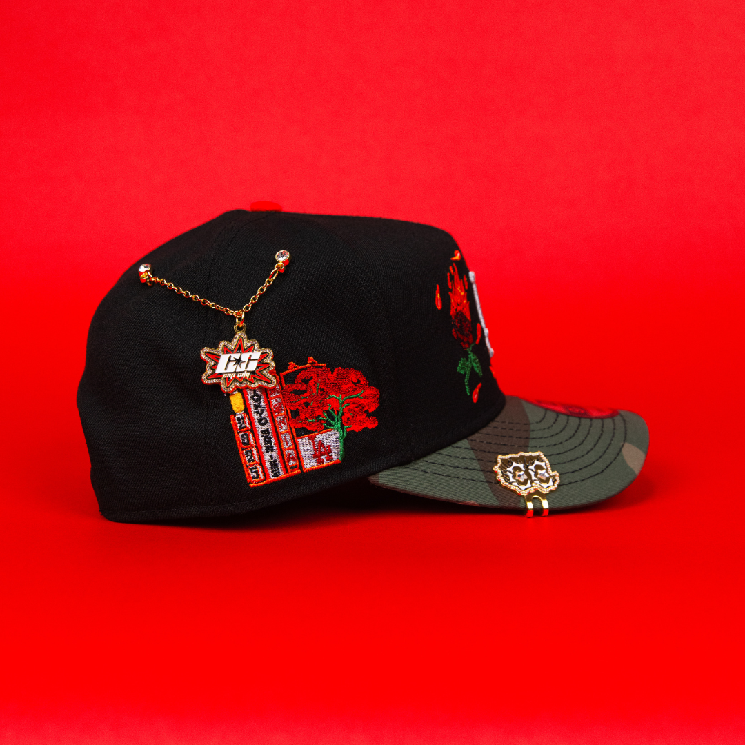 NEW ERA 9FIFTY A-FRAME BLACK/ CAMO LOS ANGELES DODGERS SNAPBACK W/ ROSES + TOKYO SERIES SIDE PATCH