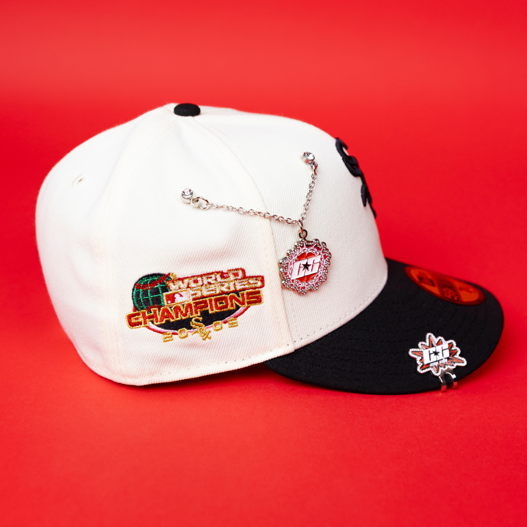 NEW ERA EXCLUSIVE 59FIFTY CHROME/ BLACK CHICAGO WHITE SOX W/ PINK ROSES + WORLD SERIES CHAMPIONS SIDE PATCH
