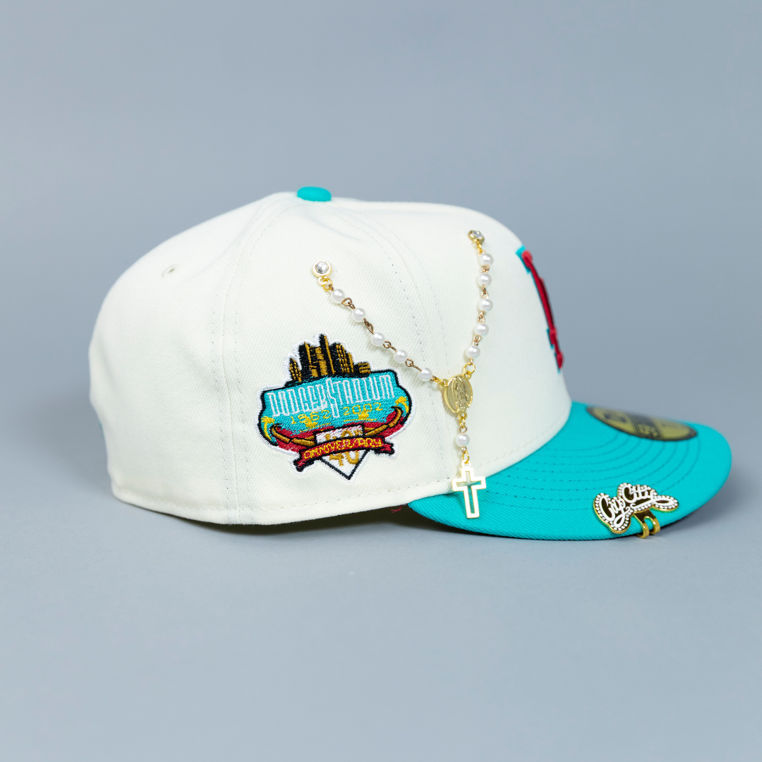 NEW ERA EXCLUSIVE 59FIFTY CHROME/ TEAL LOS ANGELES DODGERS W/ 40TH ANNIVERSARY SIDE PATCH