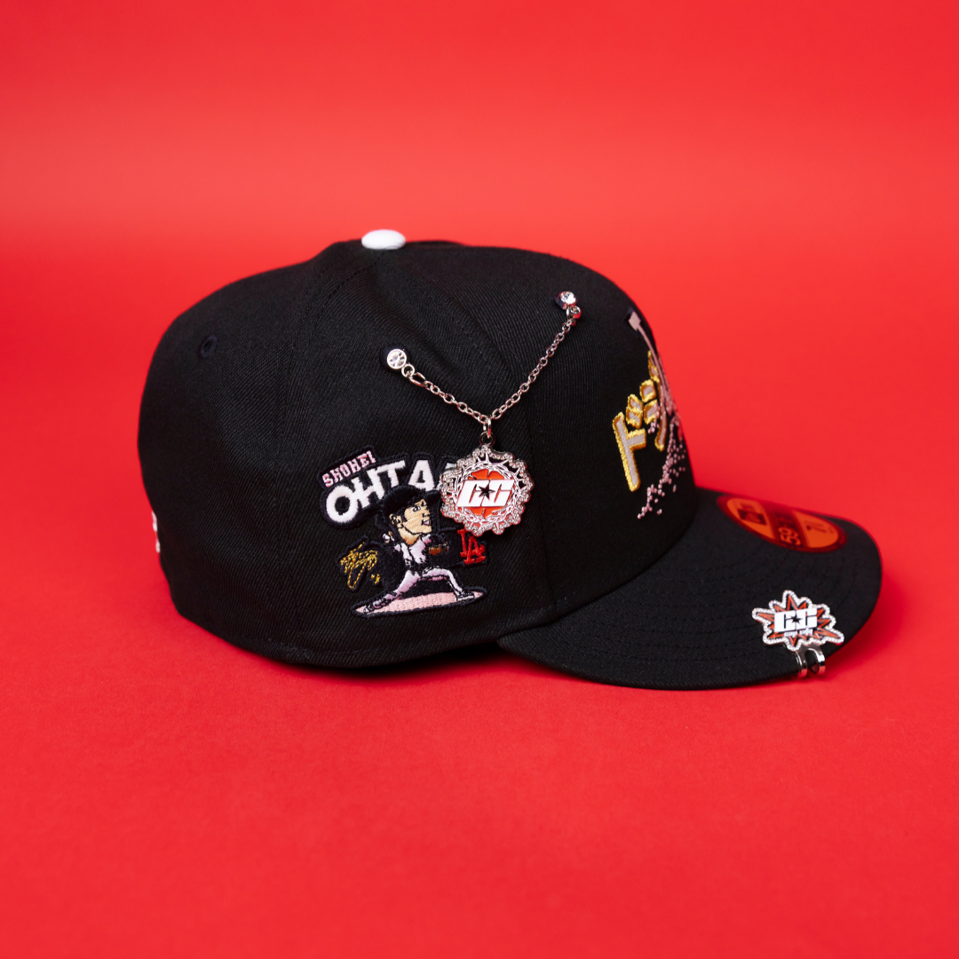 NEW ERA EXCLUSIVE 59FIFTY BLACK LOS ANGELES DODGERS W/ JAPANESE PINK BLOSSOM + 'SHOHEI OHTANI" SIDE PATCH