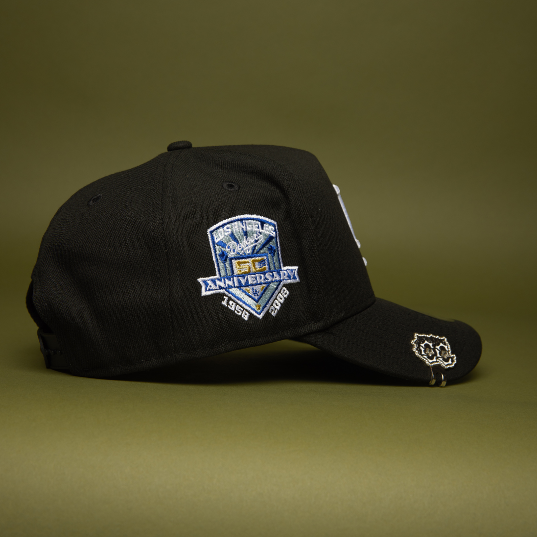 NEW ERA 9FIFTY A-FRAME BLACK LOS ANGELES DODGERS SNAPBACK W/ 50TH ANNIVERSARY SIDE PATCH