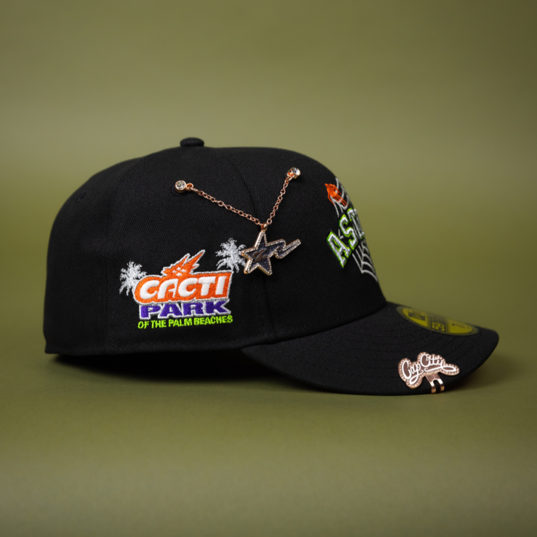 NEW ERA EXCLUSIVE 59FIFTY BLACK HOUSTON ASTROS W/ SPIDER WEB LOGO + CACTI PARK SIDE PATCH