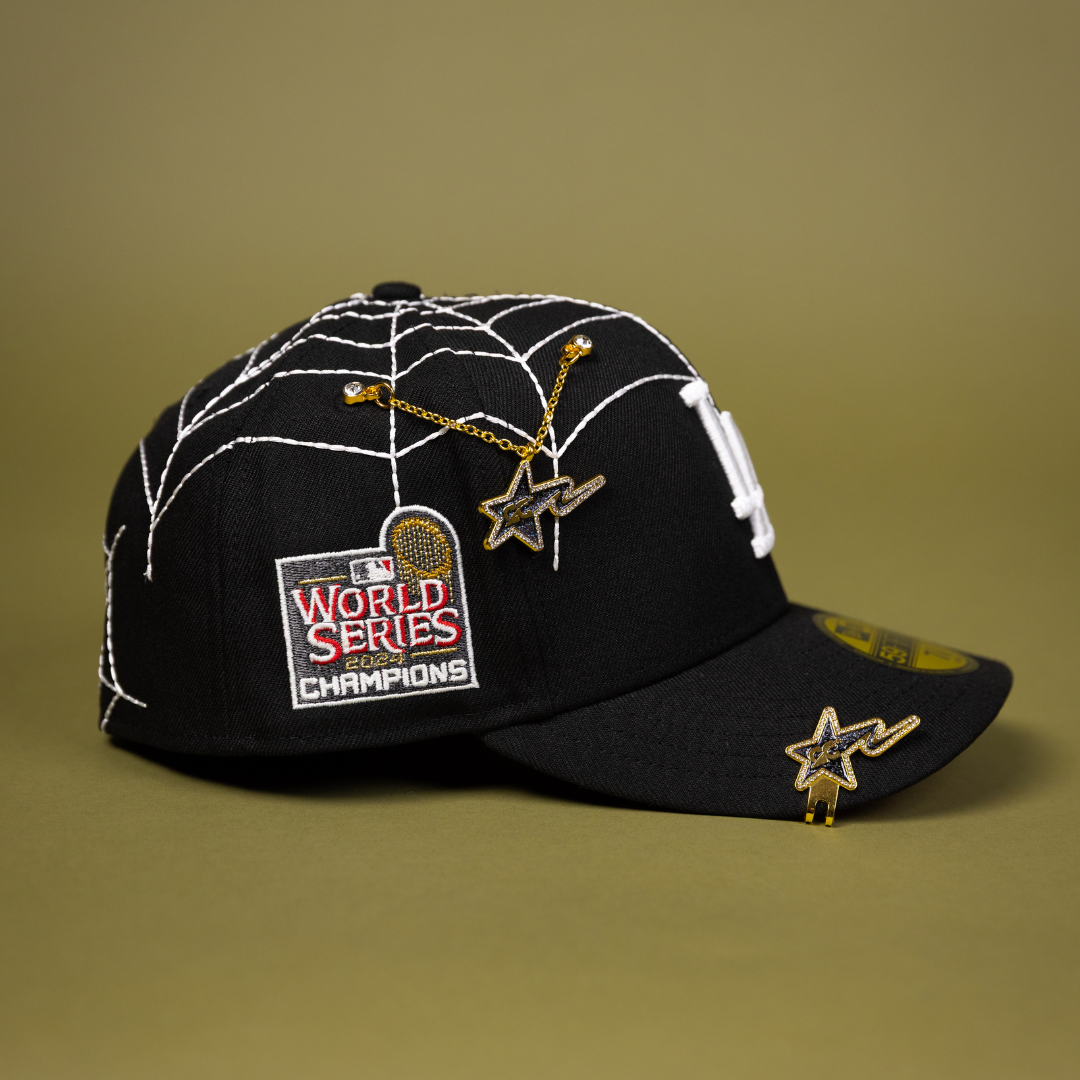 NEW ERA EXCLUSIVE 59FIFTY BLACK LOS ANGELES DODGERS W/ SPIDER WEB + WORLD SERIES CHAMPIONS SIDE PATCH