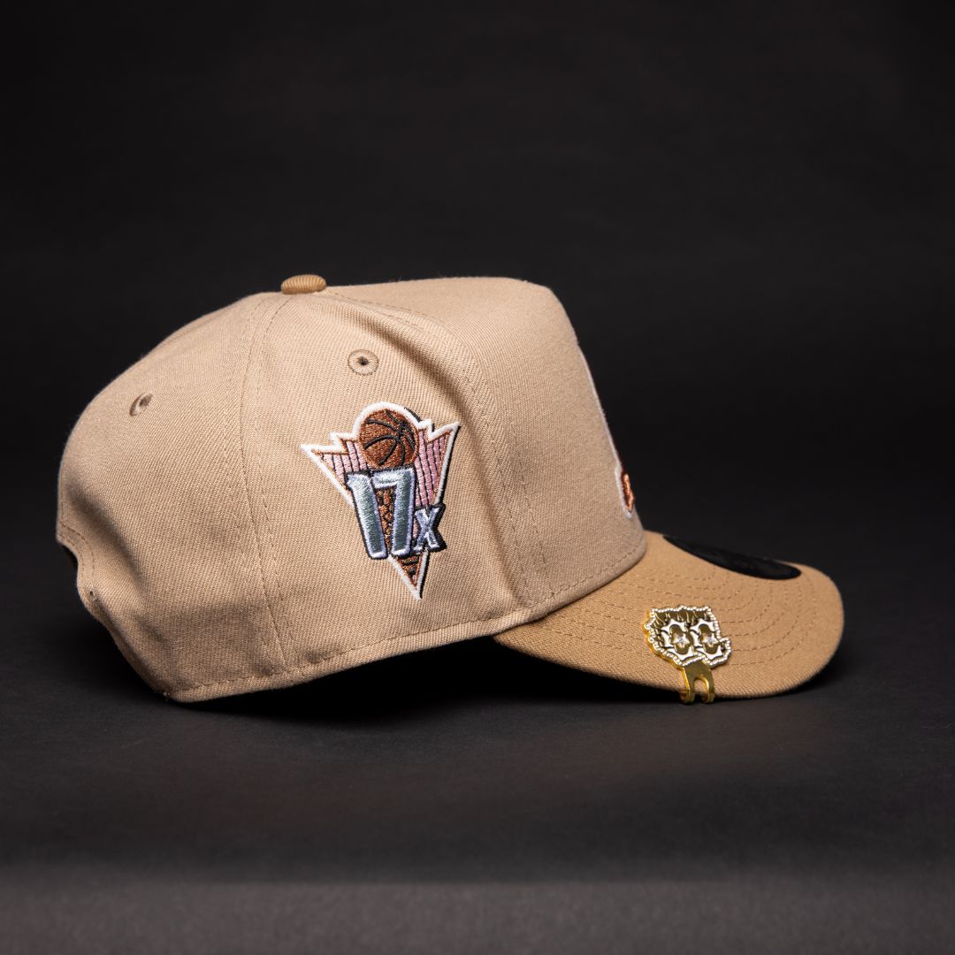 NEW ERA 9FIFTY A-FRAME LIGHT KHAKI LOS ANGELES LAKERS SNAPBACK W/ 17X CHAMPIONS SIDE PATCH