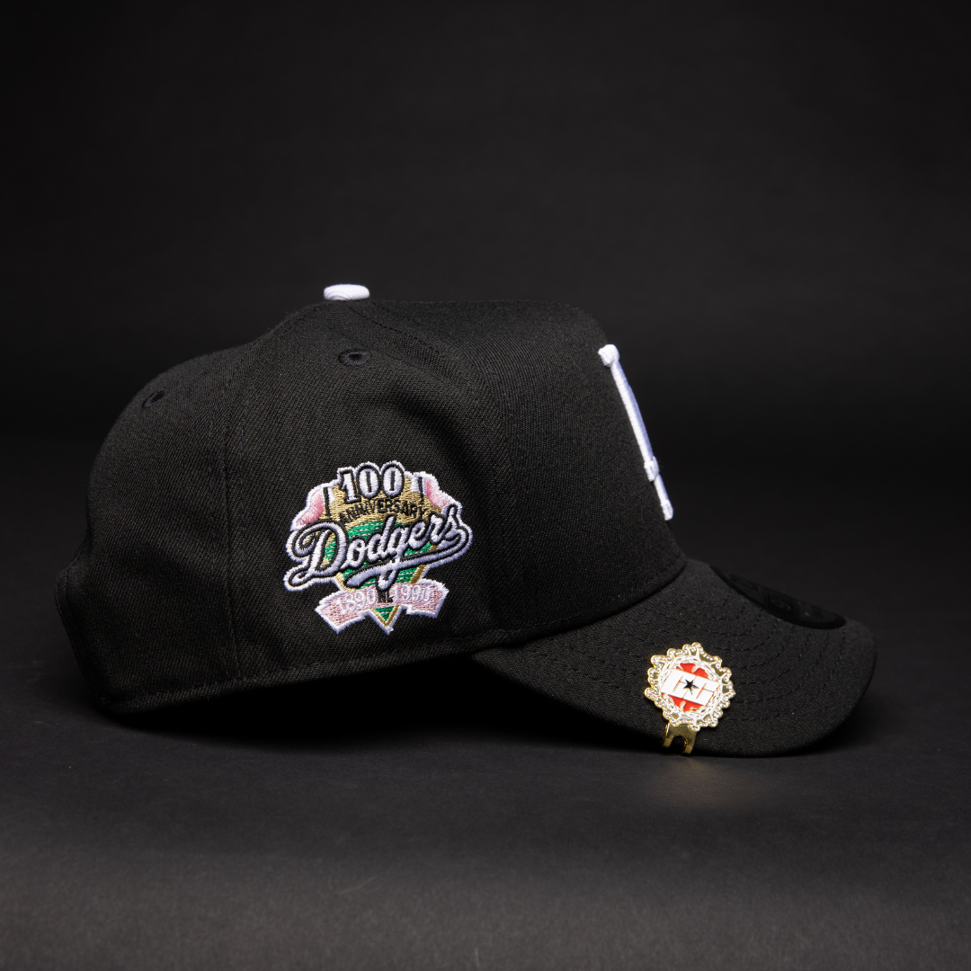 NEW ERA 9FIFTY A-FRAME BLACK LOS ANGELES DODGERS SNAPBACK W/ PINK HEART + 100TH ANNIVERSARYSIDE PATCH
