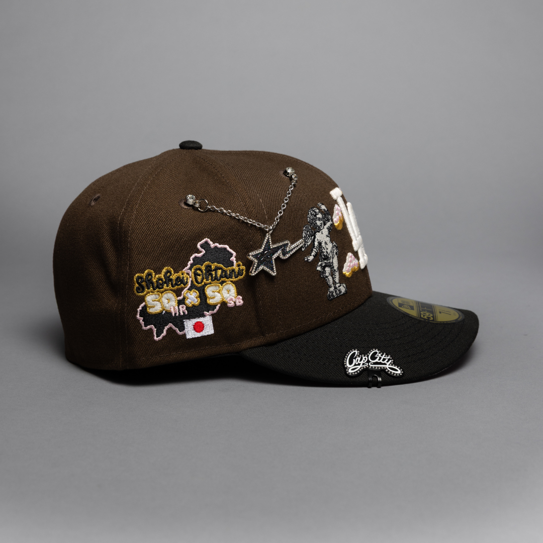 NEW ERA EXCLUSIVE 59FIFTY BROWN/BLACK LOS ANGELES DODGERS 'HEAVENLY CITY" W/ SHOHEI OHTANI 50-50 CLUB SIDE PATCH