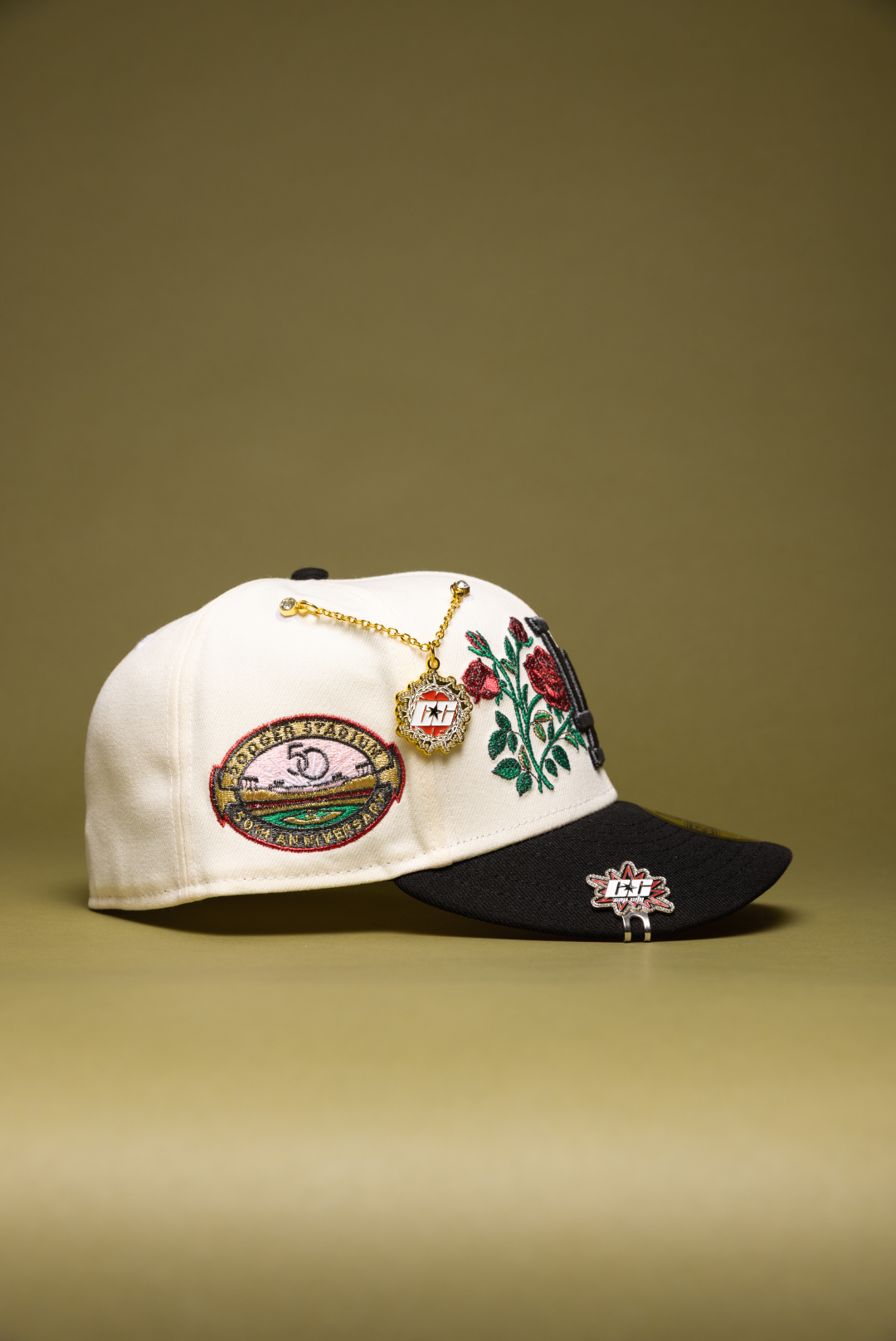 NEW ERA EXCLUSIVE 59FIFTY CHROME/BLACK LOS ANGELES DODGERS W/ BLOOMING ROSE + 50TH ANNIVERSARY SIDE PATCH