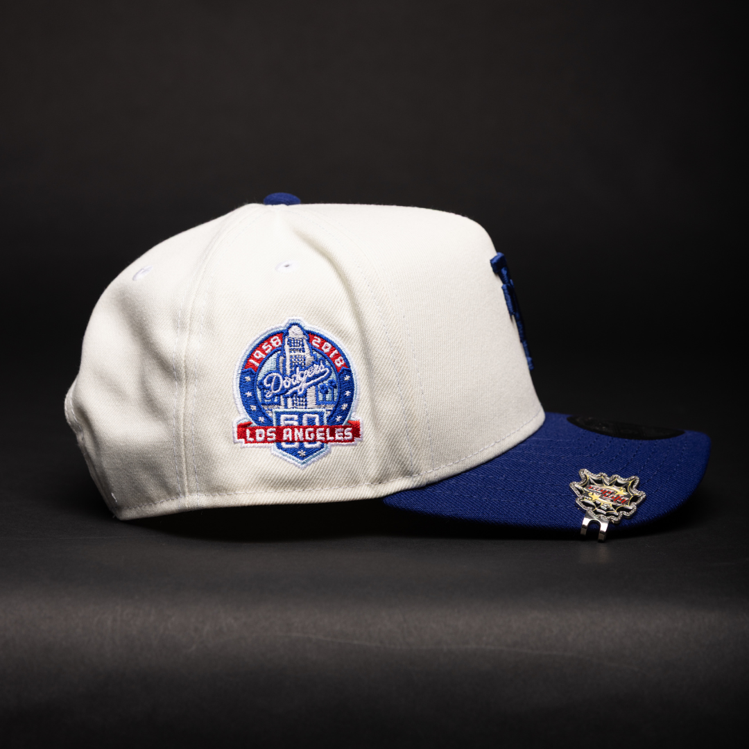 NEW ERA 9FIFTY A-FRAME CHROME/BLUE UPSIDE DOWN LOS ANGELES DODGERS SNAPBACK W/ 60TH ANNIVERSARY SIDE PATCH