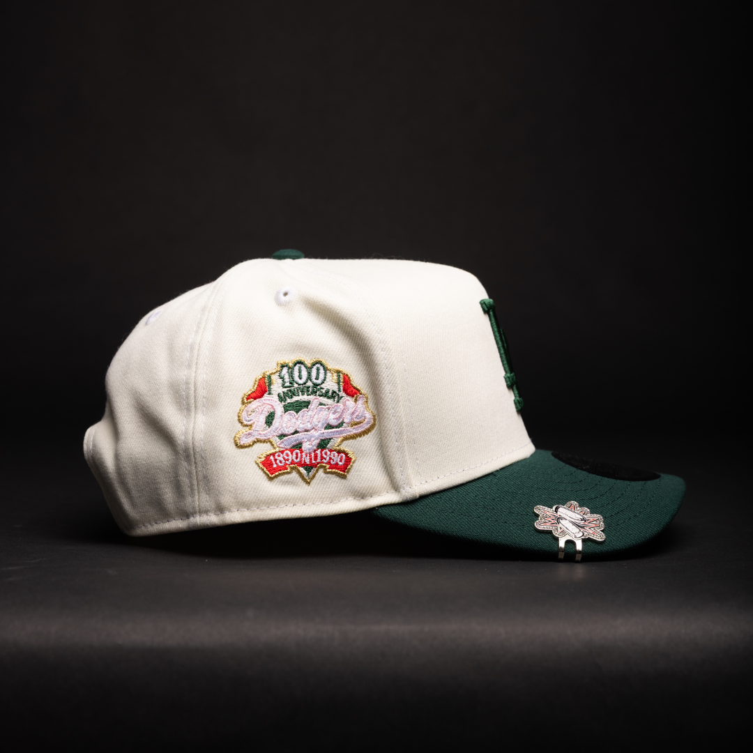 NEW ERA 9FIFTY A-FRAME CHROME/FOREST GREEN LOS ANGELES DODGERS SNAPBACK W/ 100TH ANNIVERSARY SIDE PATCH