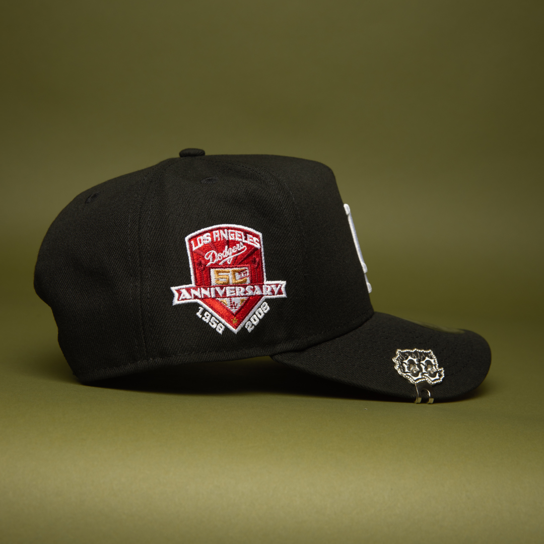 NEW ERA 9FIFTY A-FRAME BLACK LOS ANGELES DODGERS SNAPBACK W/ PALM TREES + 50TH ANNIVERSARY SIDE PATCH