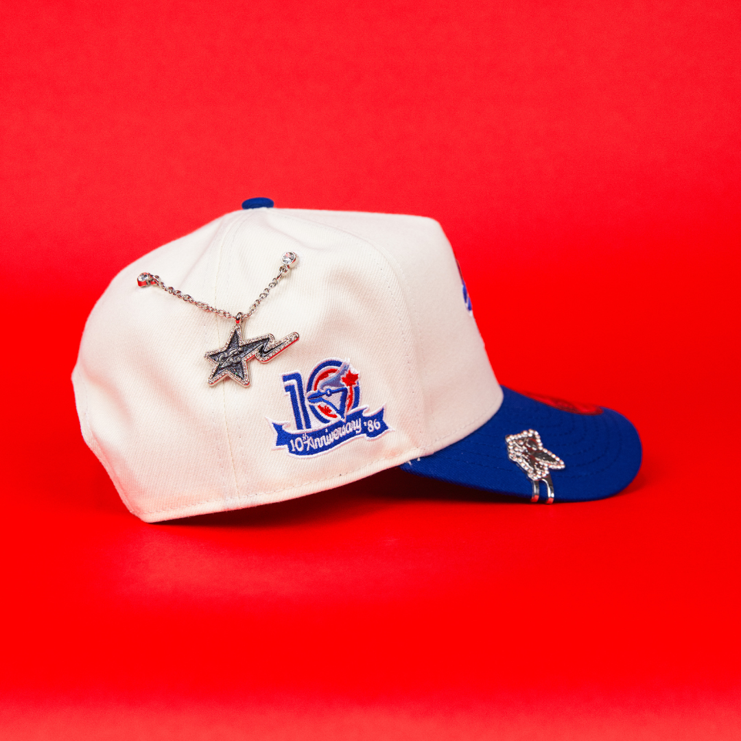 NEW ERA 9FIFTY A-FRAME CHROME/ BLUE TORONTO BLUE JAYS SNAPBACK W/ 10TH ANNIVERSARY SIDE PATCH