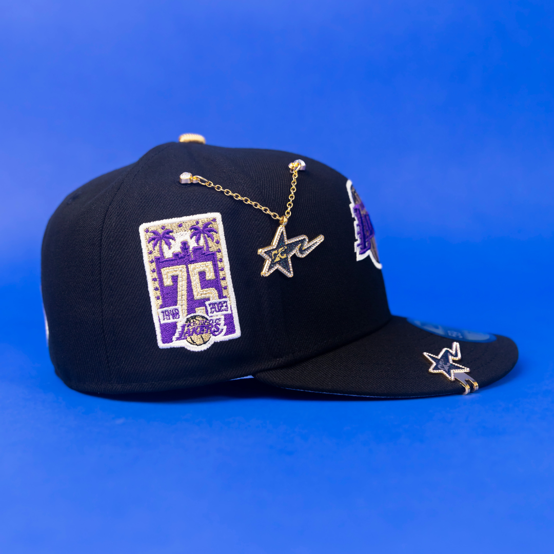 NEW ERA EXCLUSIVE 59FIFTY BLACK LOS ANGELES LAKERS W/ ROSE + 75TH ANNIVERSARY SIDE PATCH