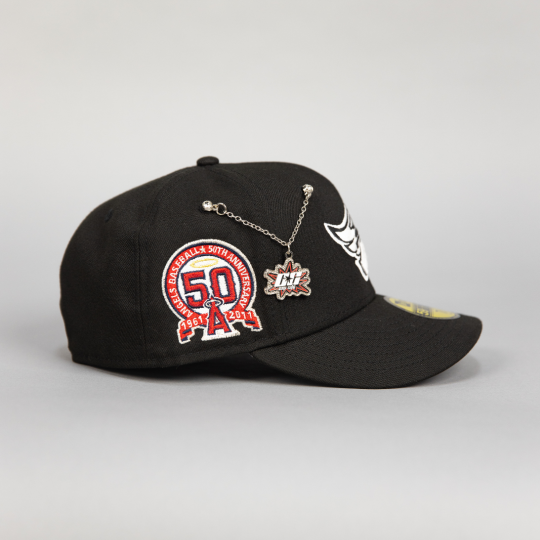 NEW ERA EXCLUSIVE 59FIFTY BLACK ANAHEIM ANGELS W/ 50TH ANNIVERSARY SIDE PATCH