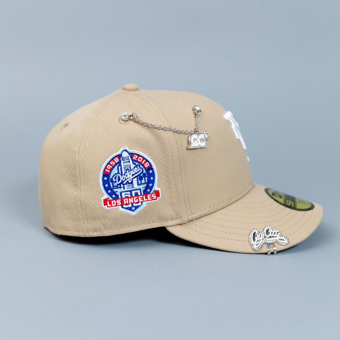 NEW ERA EXCLUSIVE 59FIFTY LIGHT KHAKI UPSIDE DOWN LOS ANGELES DODGERS W/ 60TH ANNIVERSARY SIDE PATCH