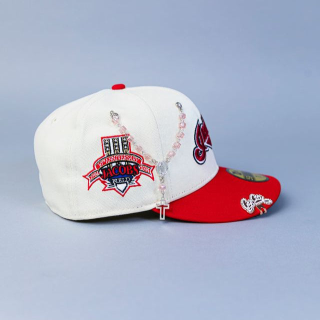 NEW ERA EXCLUSIVE 59FIFTY CHROME/ RED CLEVELAND INDIANS SCRIPT W/ "JACOBS FIELD" SIDE PATCH
