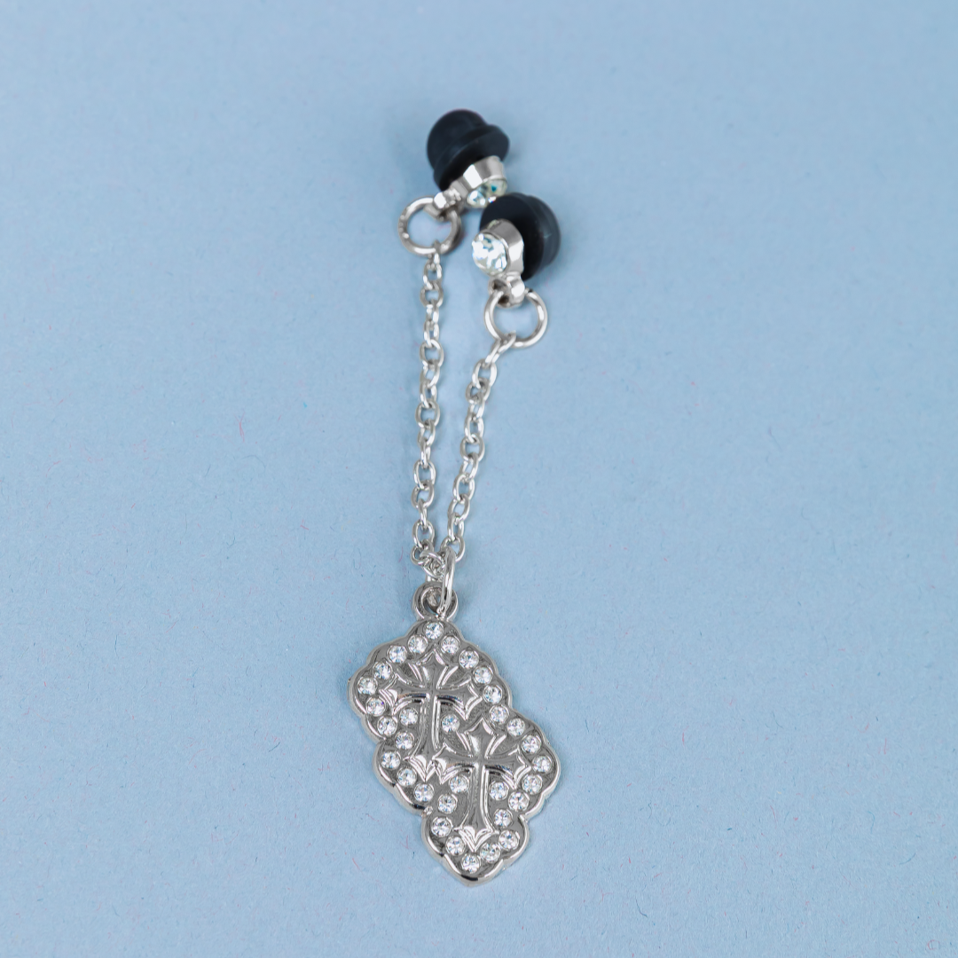 *NEW SILVER "TWIN CRUCIFIX" CHAIN W/ RHINESTONES VERY LIMITED