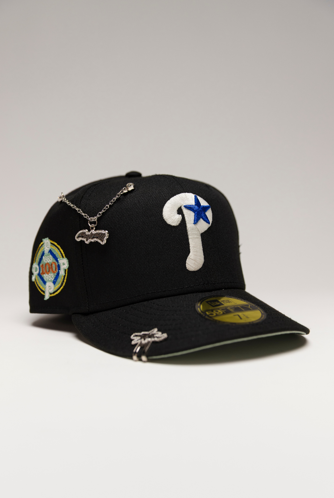 NEW ERA EXCLUSIVE 59FIFTY BLACK PHILADELPHIA PHILLIES W/ 100TH ANNIVERSARY SIDE PATCH