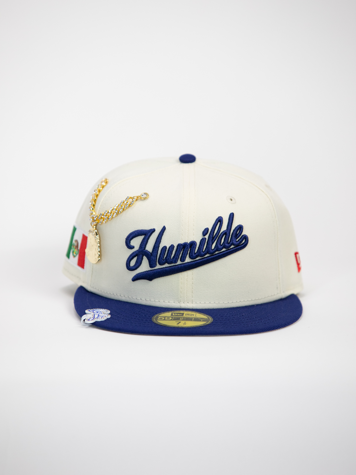 NEW* "RANCHO HUMILDE x NEW ERA x CAP CITY" WHITE/BLUE 59FIFTY FITTED W/ MEXICAN FLAG & GREY UV *FREE ACCESSORY INCLUDED