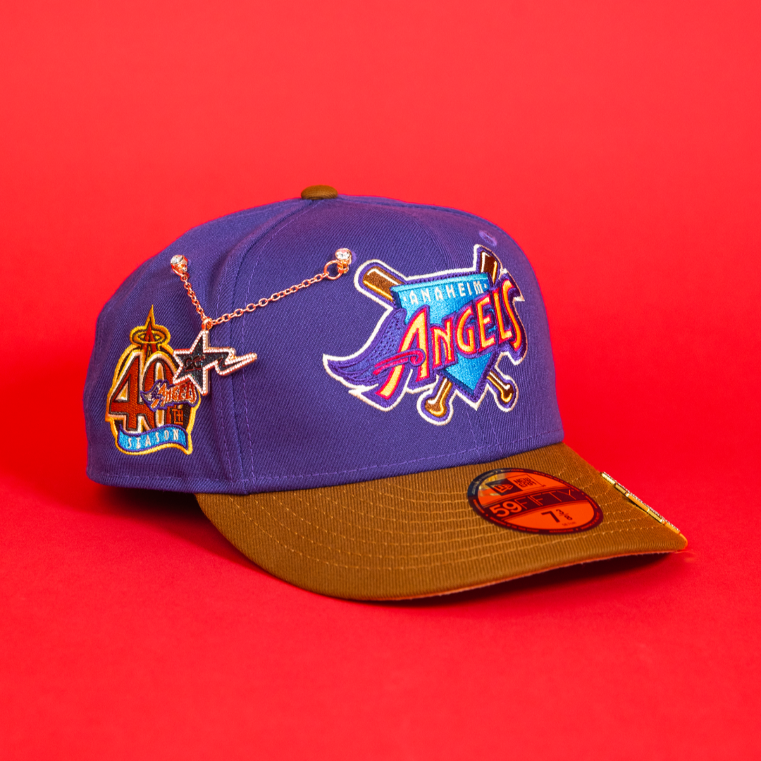 NEW ERA EXCLUSIVE 59FIFTY PURPLE/ KHAKI ANAHEIM ANGELS W/ 40TH ANNIVERSARY PATCH