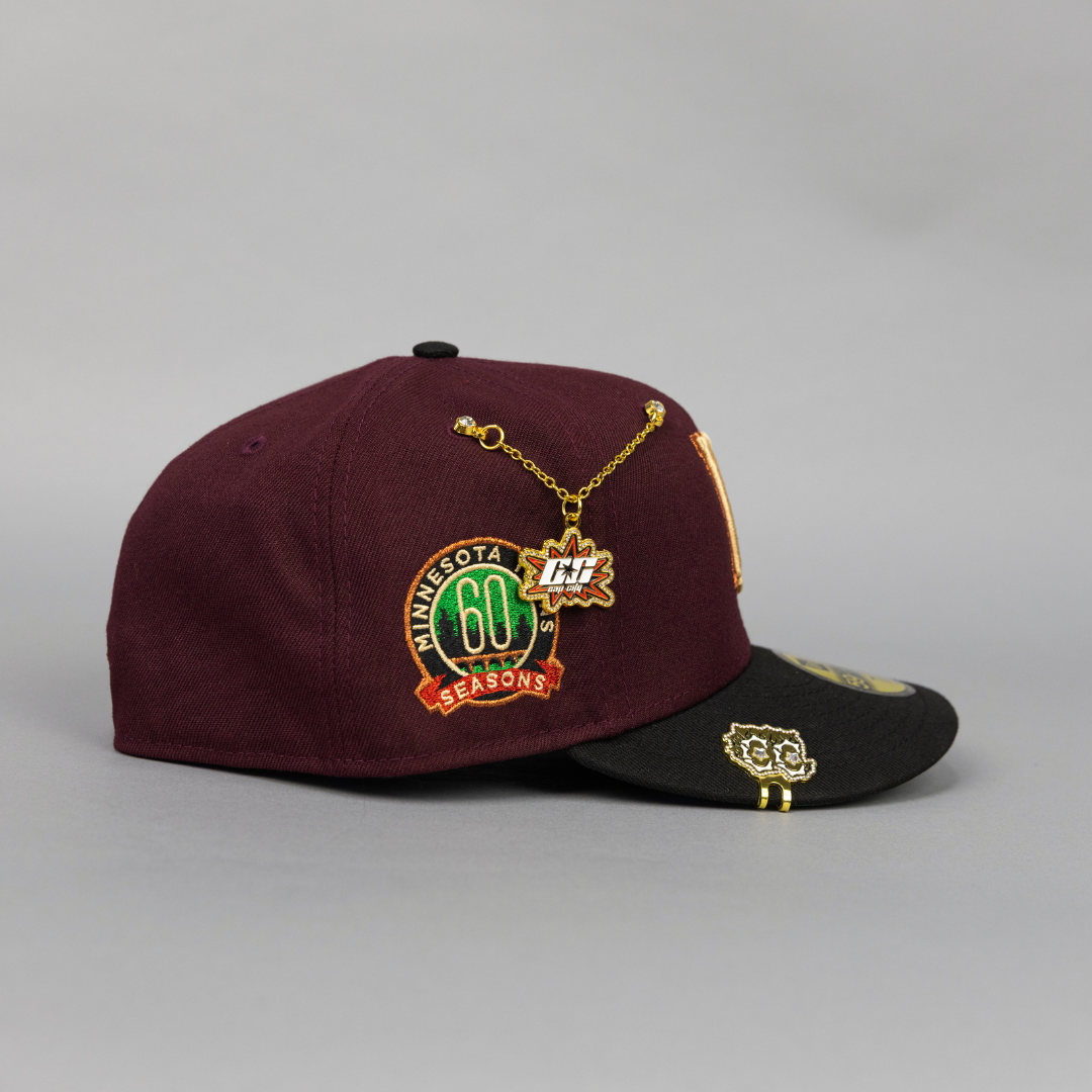 NEW ERA EXCLUSIVE 59FIFTY BURGUNDY/ BLACK MINNESOTA TWINS W/ 60TH ANNIVERSARY SIDE PATCH