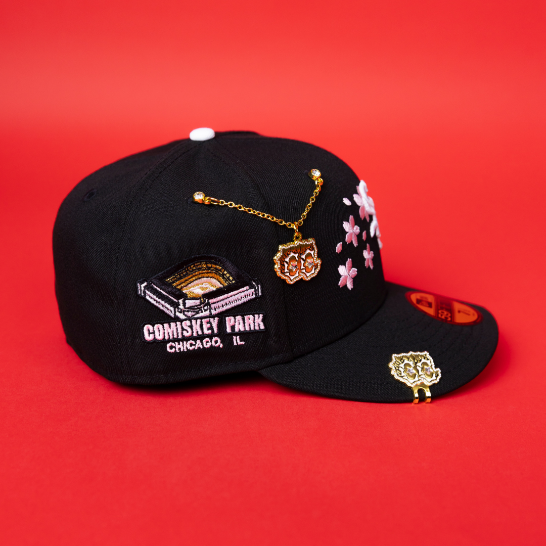 NEW ERA EXCLUSIVE 59FIFTY BLACK CHICAGO WHITE SOX W/ FLORAL EMBROIDERY + COMISKEY PARK SIDE PATCH