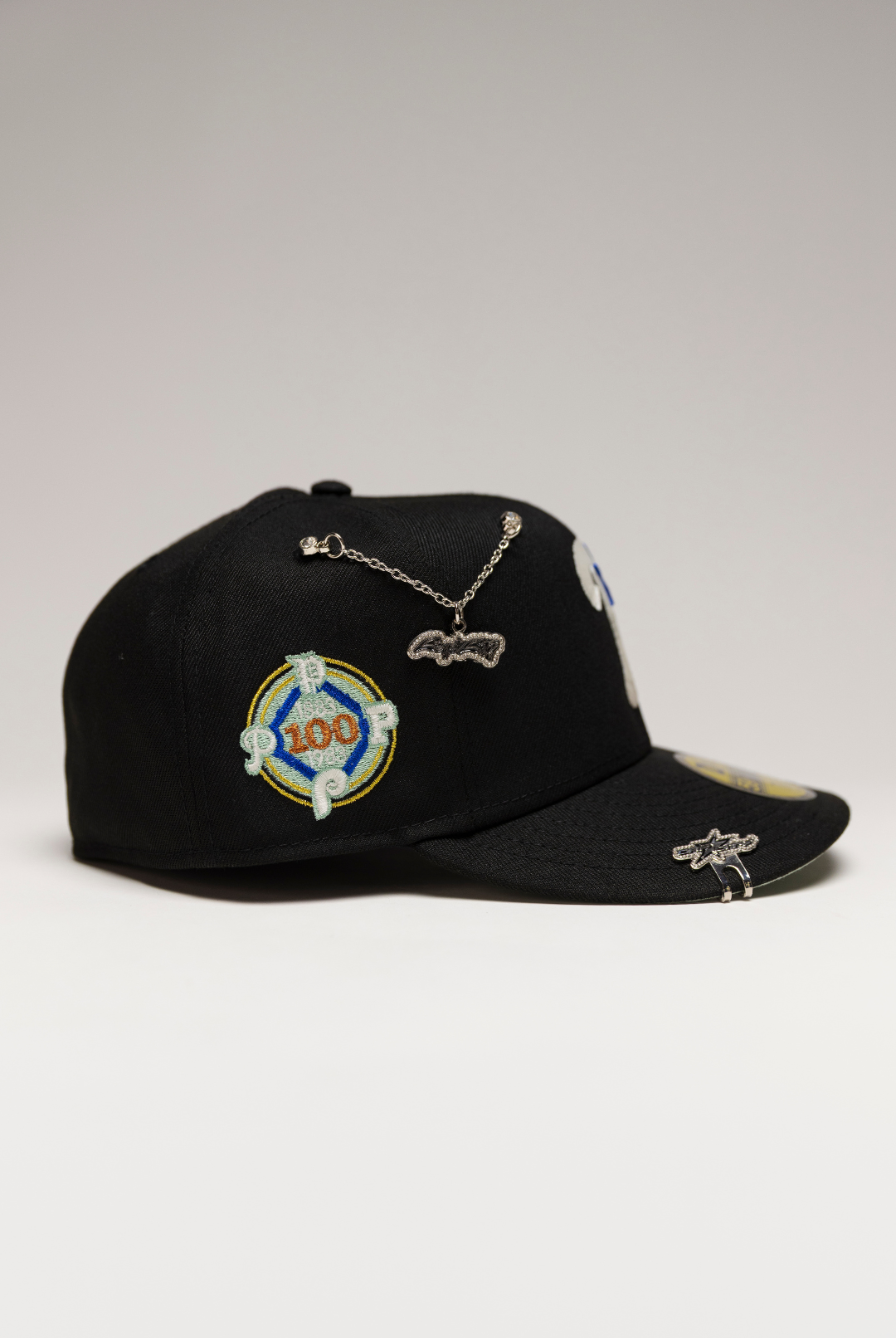 NEW ERA EXCLUSIVE 59FIFTY BLACK PHILADELPHIA PHILLIES W/ 100TH ANNIVERSARY SIDE PATCH