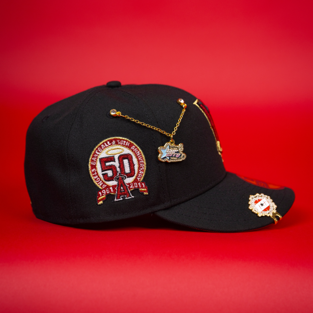 NEW ERA EXCLUSIVE 59FIFTY BLACK UPSIDE DOWN ANAHEIM ANGELS W/ 50TH ANNIVERSARY SIDE PATCH