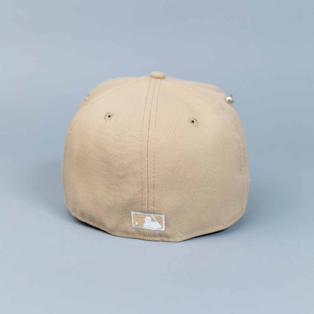 NEW ERA EXCLUSIVE 59FIFTY LIGHT KHAKI UPSIDE DOWN LOS ANGELES DODGERS W/ 60TH ANNIVERSARY SIDE PATCH